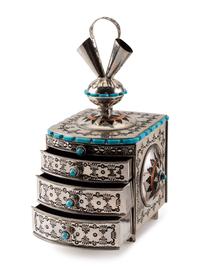 Heavily Stamped Sterling Silver Jewelry Box, Set with Turquoise