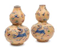 A Pair of Chinese Export Cloisonné Over Porcelain Double Gourd Vases