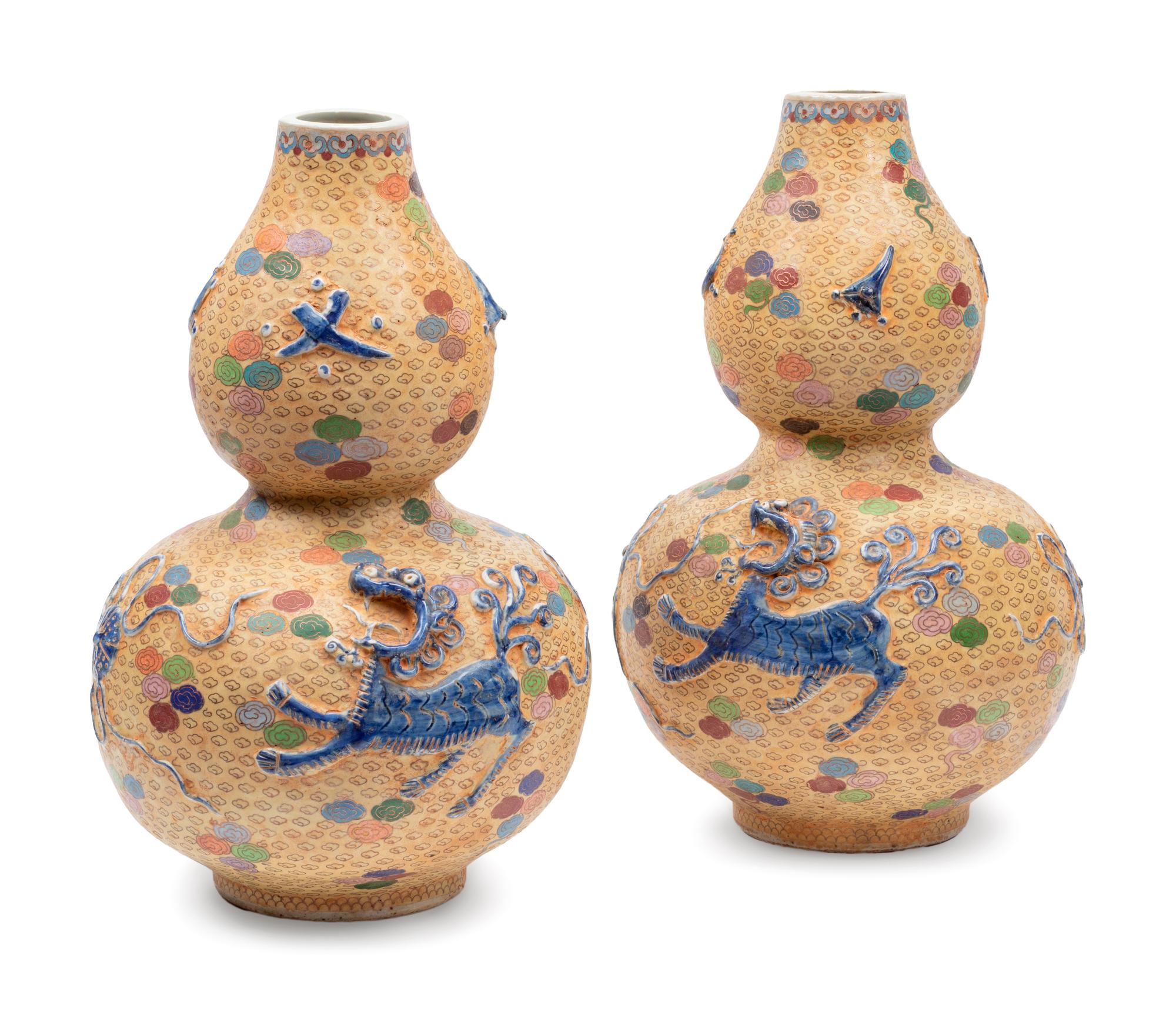 A Pair of Chinese Export Cloisonné Over Porcelain Double Gourd Vases