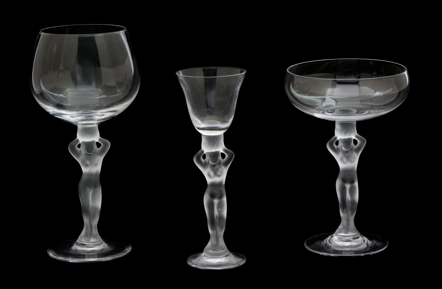 A Set of Eighteen Lalique Style Molded and Frosted Stemed Glasses Height of tallest 7 1/8 inches. — 20TH CENTURY