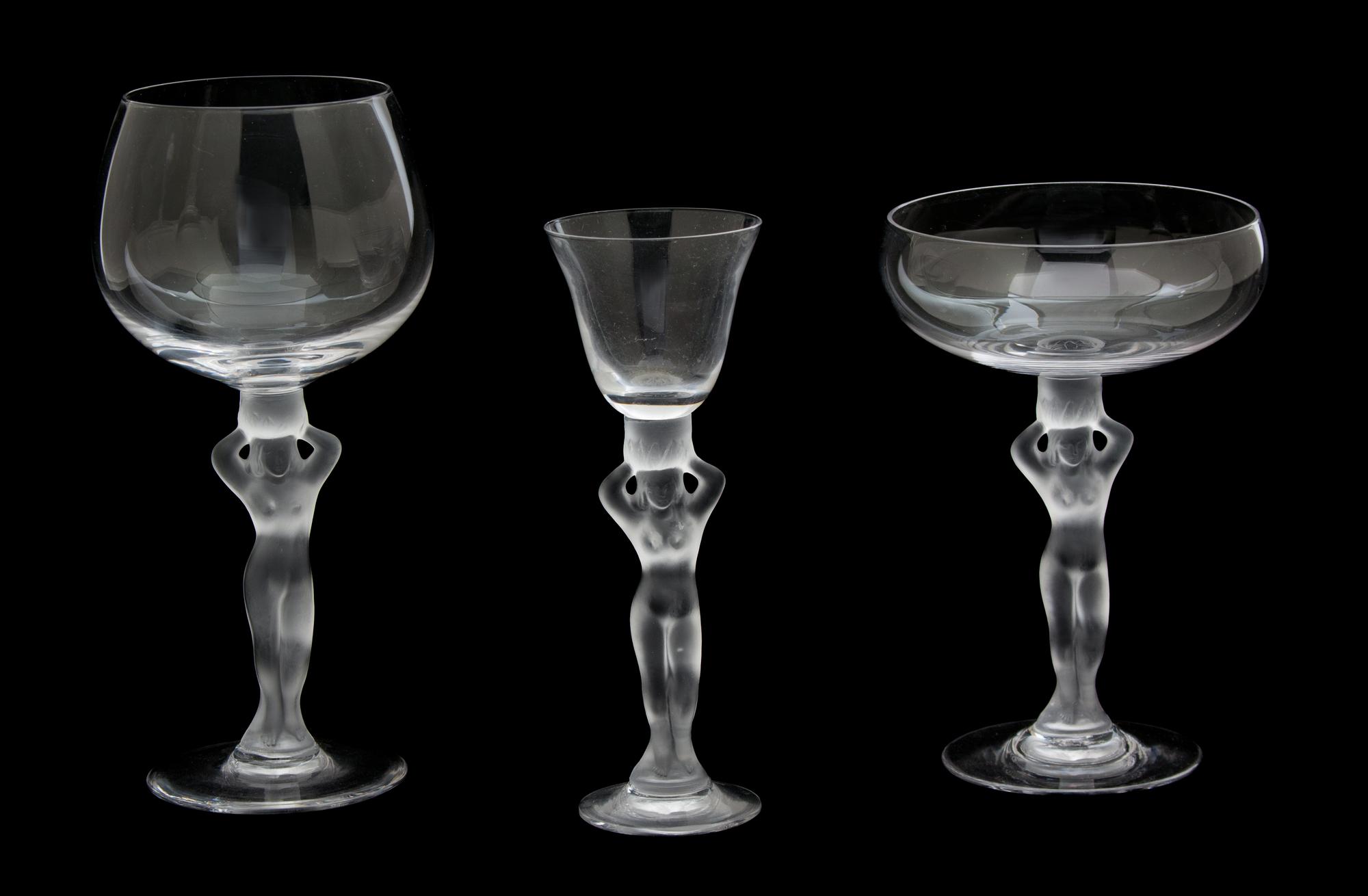 A Set of Eighteen Lalique Style Molded and Frosted Stemed Glasses Height of tallest 7 1/8 inches. — 20TH CENTURY