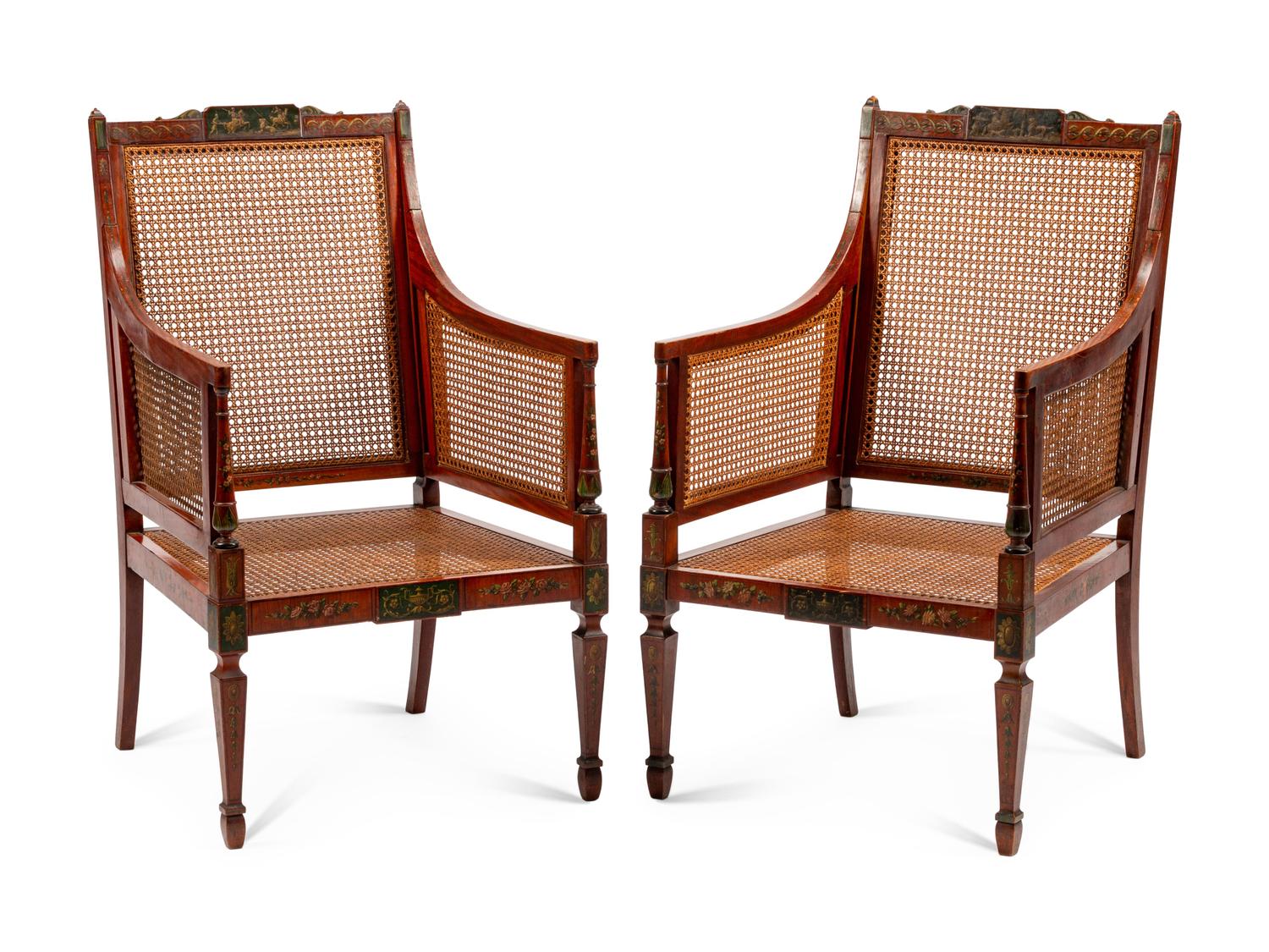A Pair of Edwardian Painted Satinwood Armchairs