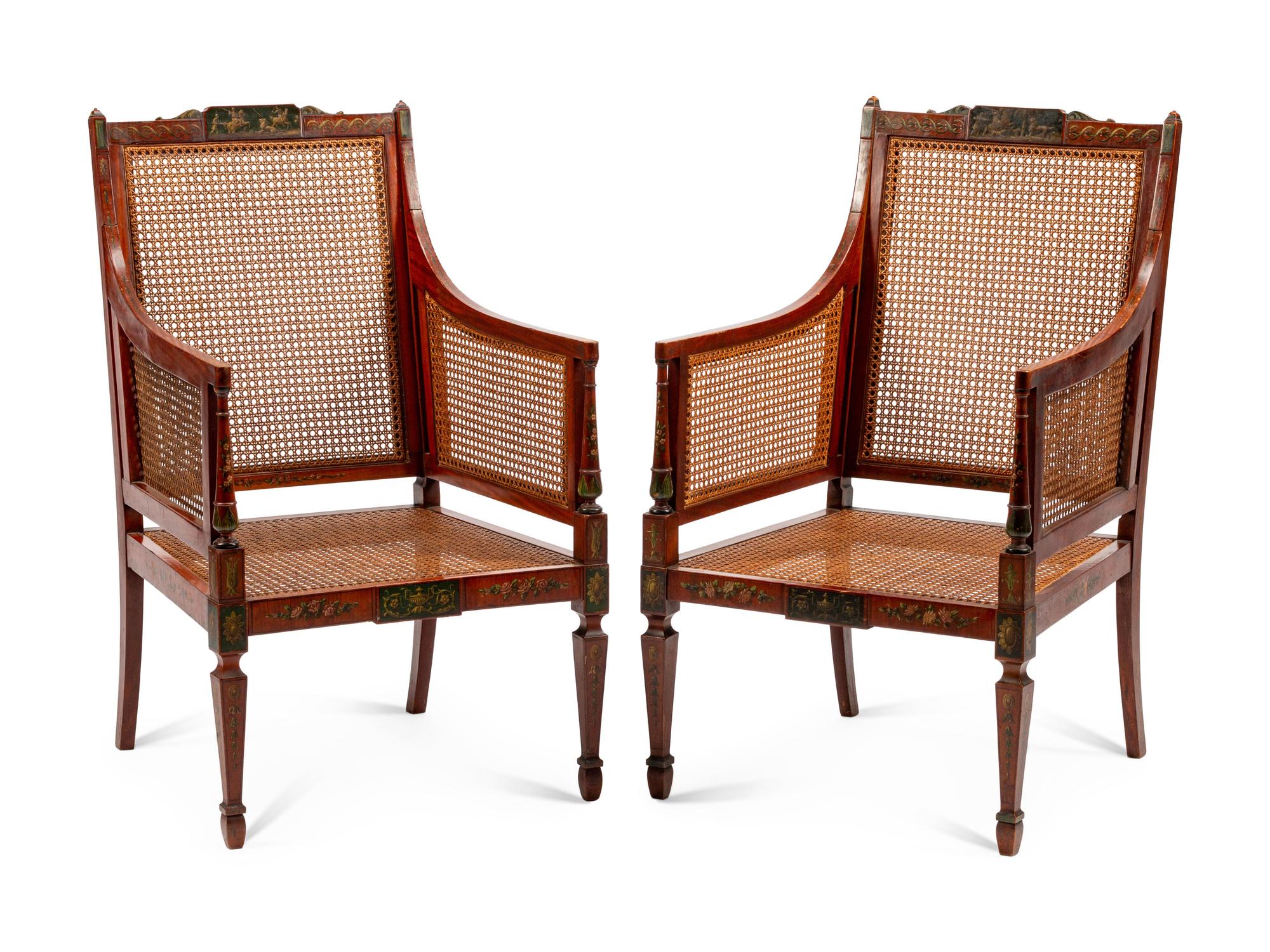 A Pair of Edwardian Painted Satinwood Armchairs