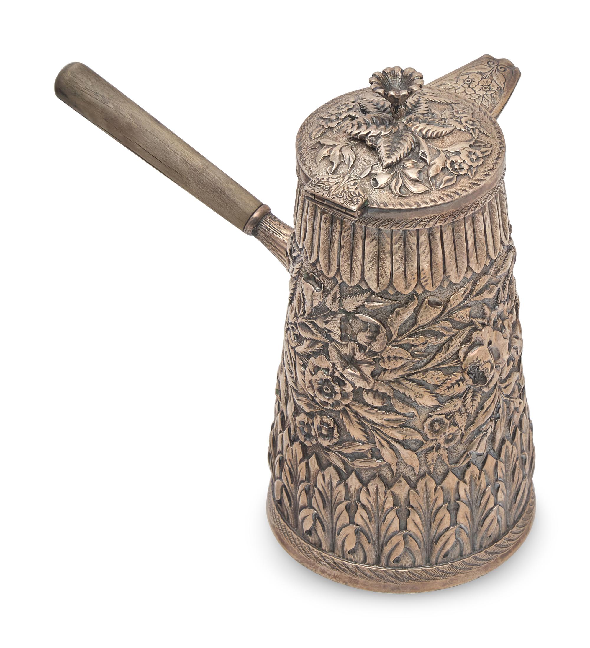 A Sterling Silver Floral Repousse Chocolate Pot, J.E. Caldwell & Co., Philadelphia, PA, Late 19th Century
