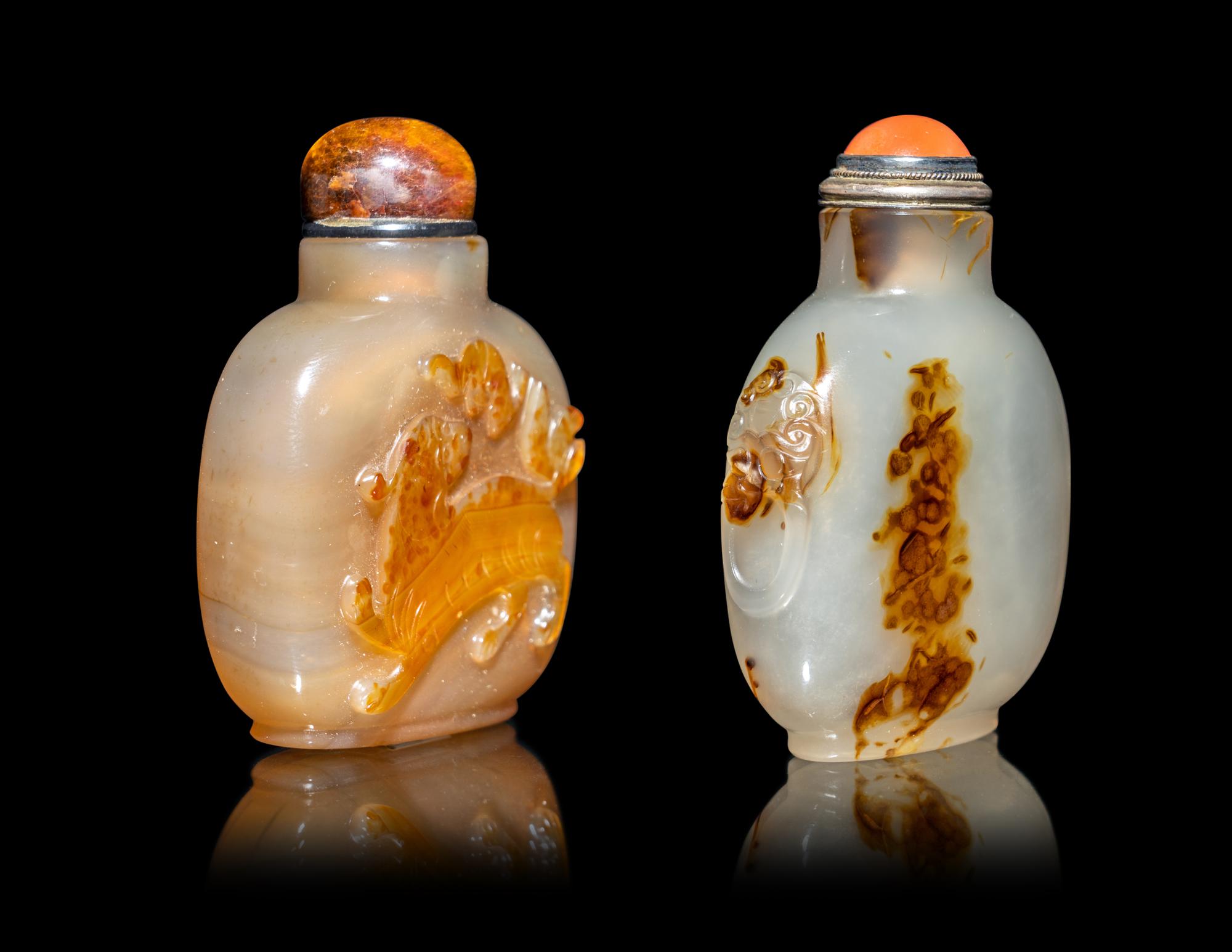 Two Chinese Carved Carved Agate Snuff Bottles