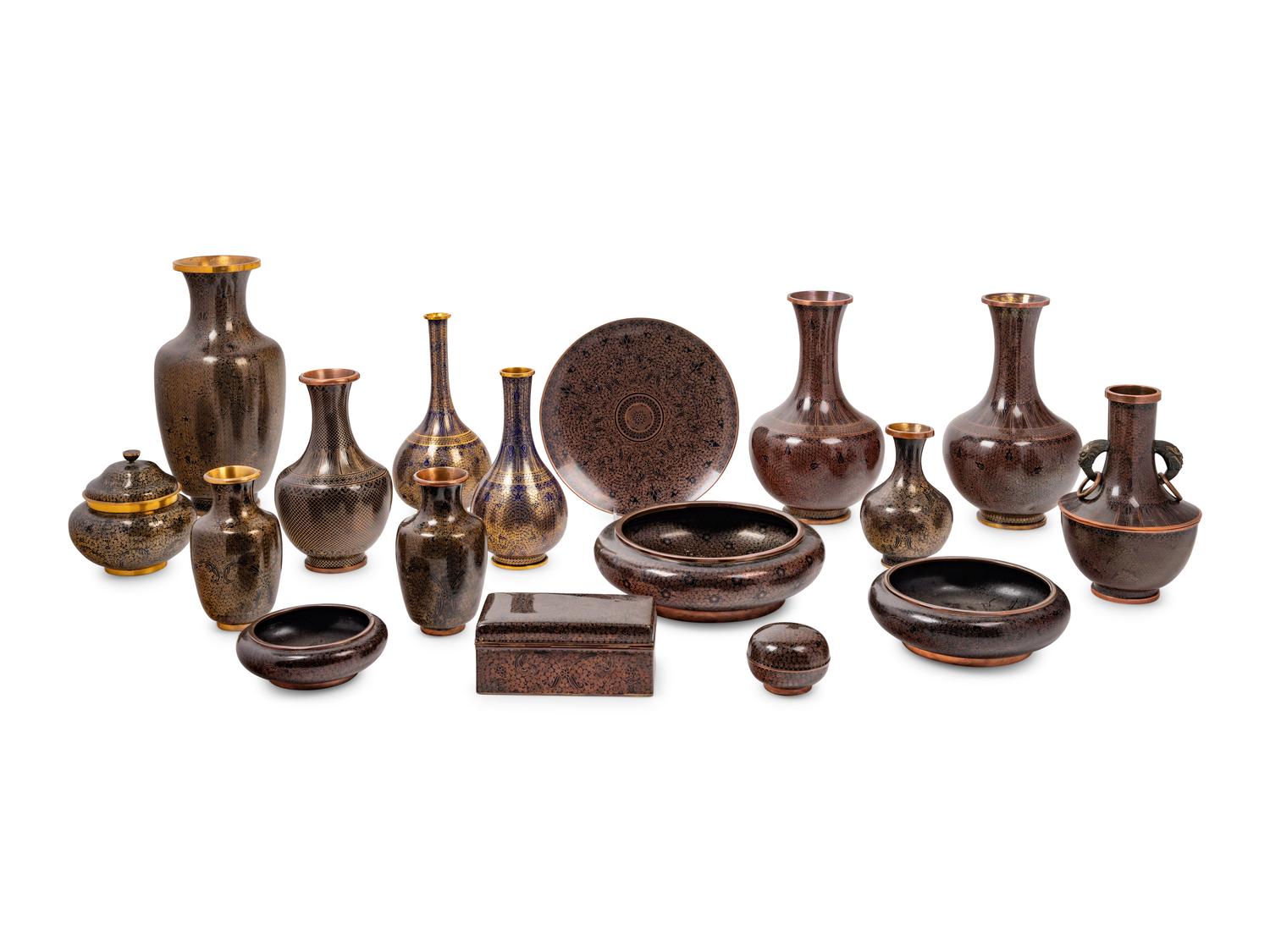 16 Japanese Black and Blue Ground Cloisonné Vessels