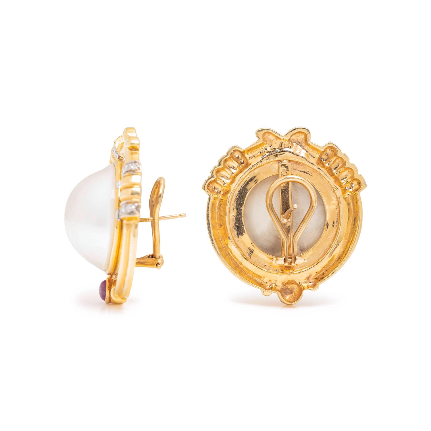 CULTURED MABE PEARL, RUBY AND DIAMOND EARCLIPS