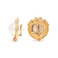 CULTURED MABE PEARL, RUBY AND DIAMOND EARCLIPS