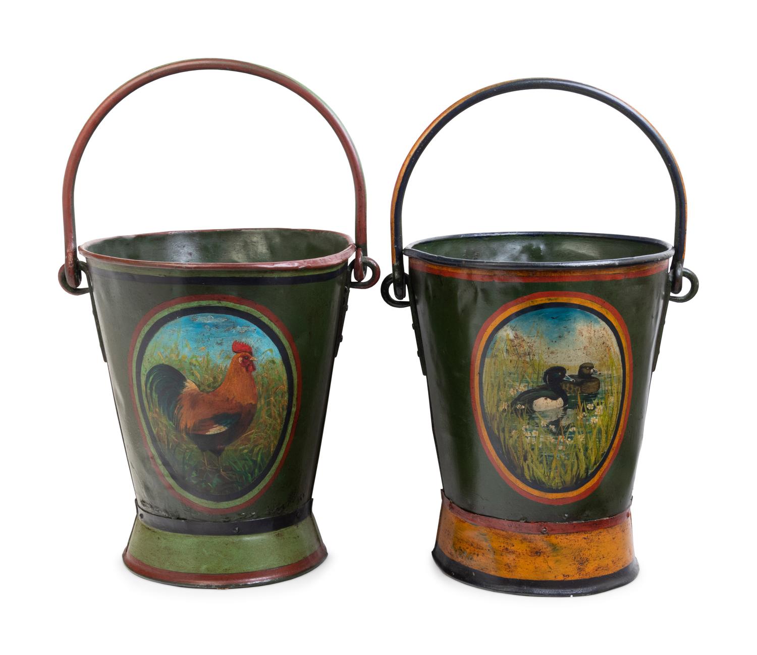 A Group of Two Tole Painted Peat Buckets