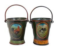 A Group of Two Tole Painted Peat Buckets