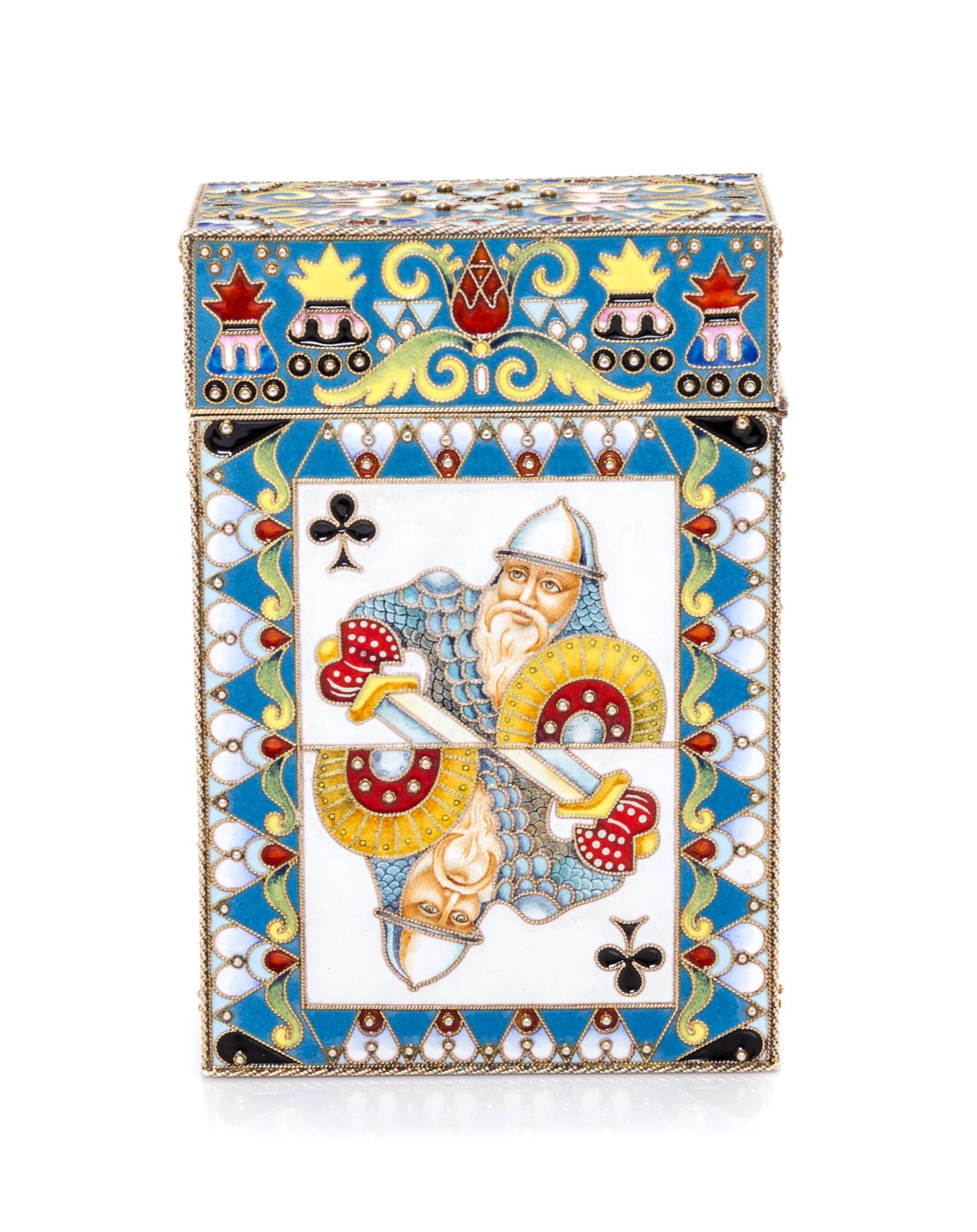 A Russian Silver-Gilt and Enamel Card Box, Spurious marks of Fedor Ruckert, Moscow, early 20th century, the box decorated with polychro