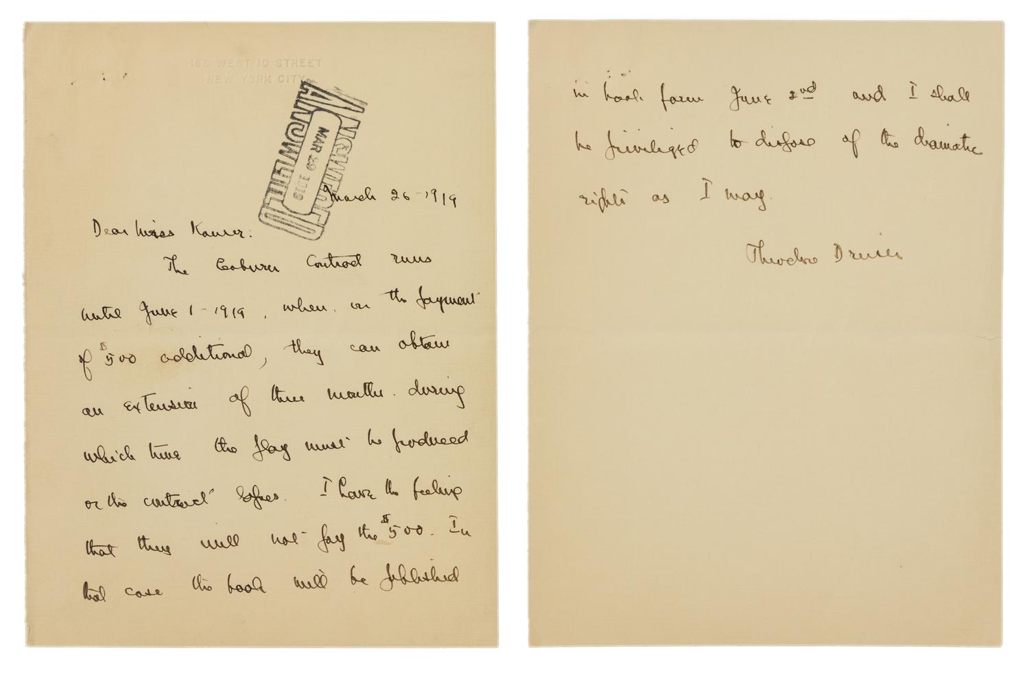 DREISER, Theodore (1871-1945). Autograph letter signed ("Theodore Dreiser"), to Alice Kauser. New York, 26 March 1919.