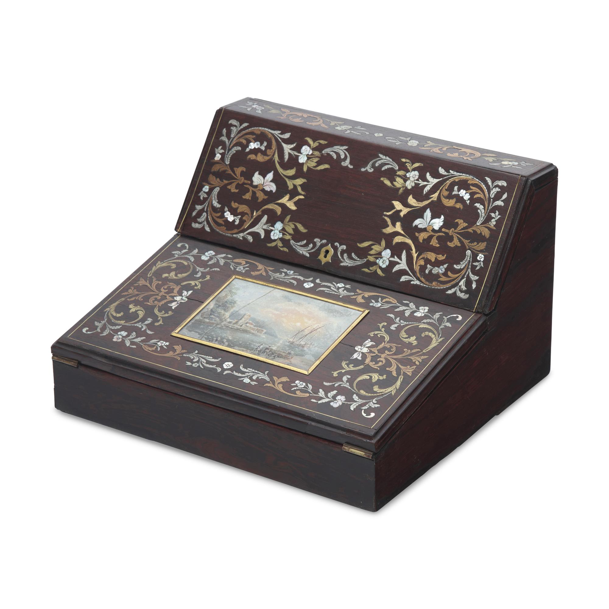 A Dutch Rosewood, Brass, Steel, and Mother-of Pearl Marquetry Lap Desk