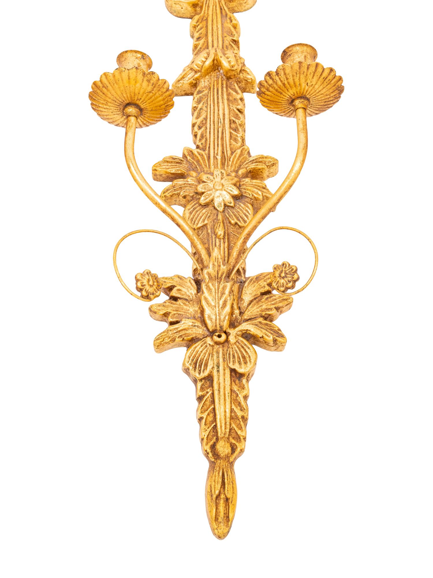 A Set of Three Italian Giltwood and Gilt Metal Two-Light Sconces