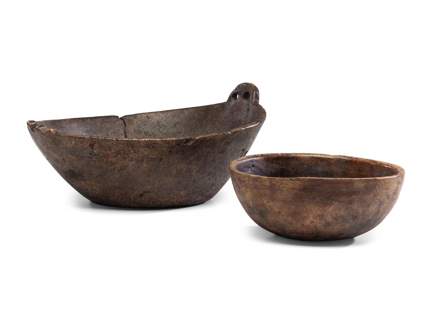 A Carved Wood Handled Burlwood Bowl