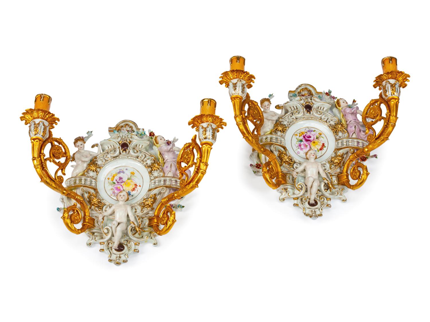 A Pair of Neoclassical Style Gilt-Bronze and German Porcelain Two-Light Sconces