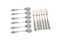 An Assembled Set of Russian Silver and Cloisonné Enameled Flatware