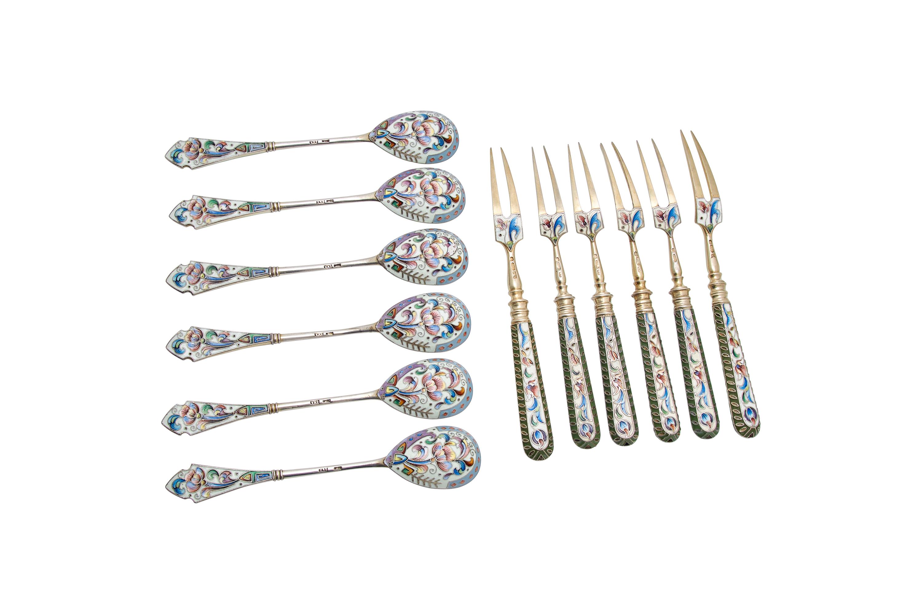 An Assembled Set of Russian Silver and Cloisonné Enameled Flatware