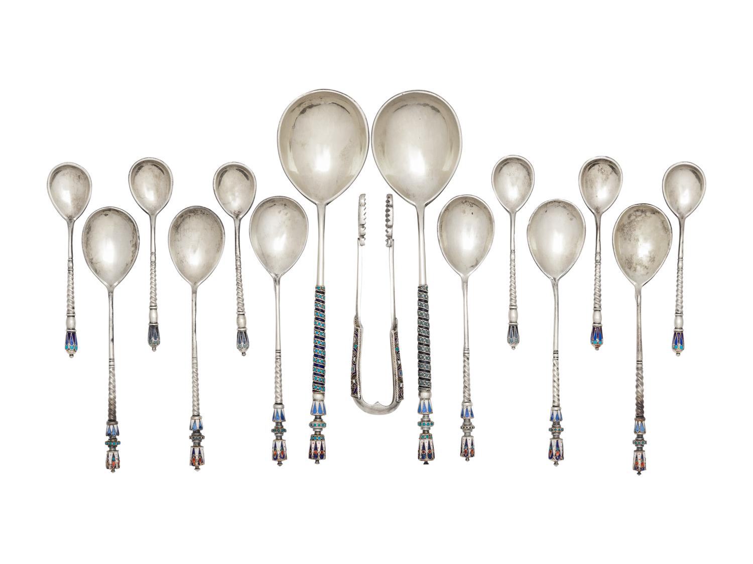 A Cased Russian Enameled Silver Spoon Set