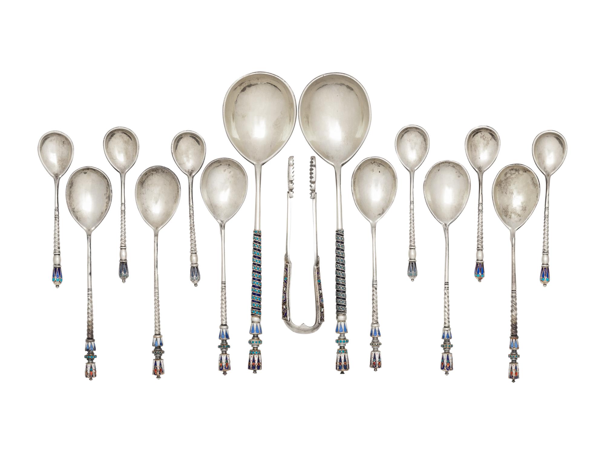 A Cased Russian Enameled Silver Spoon Set
