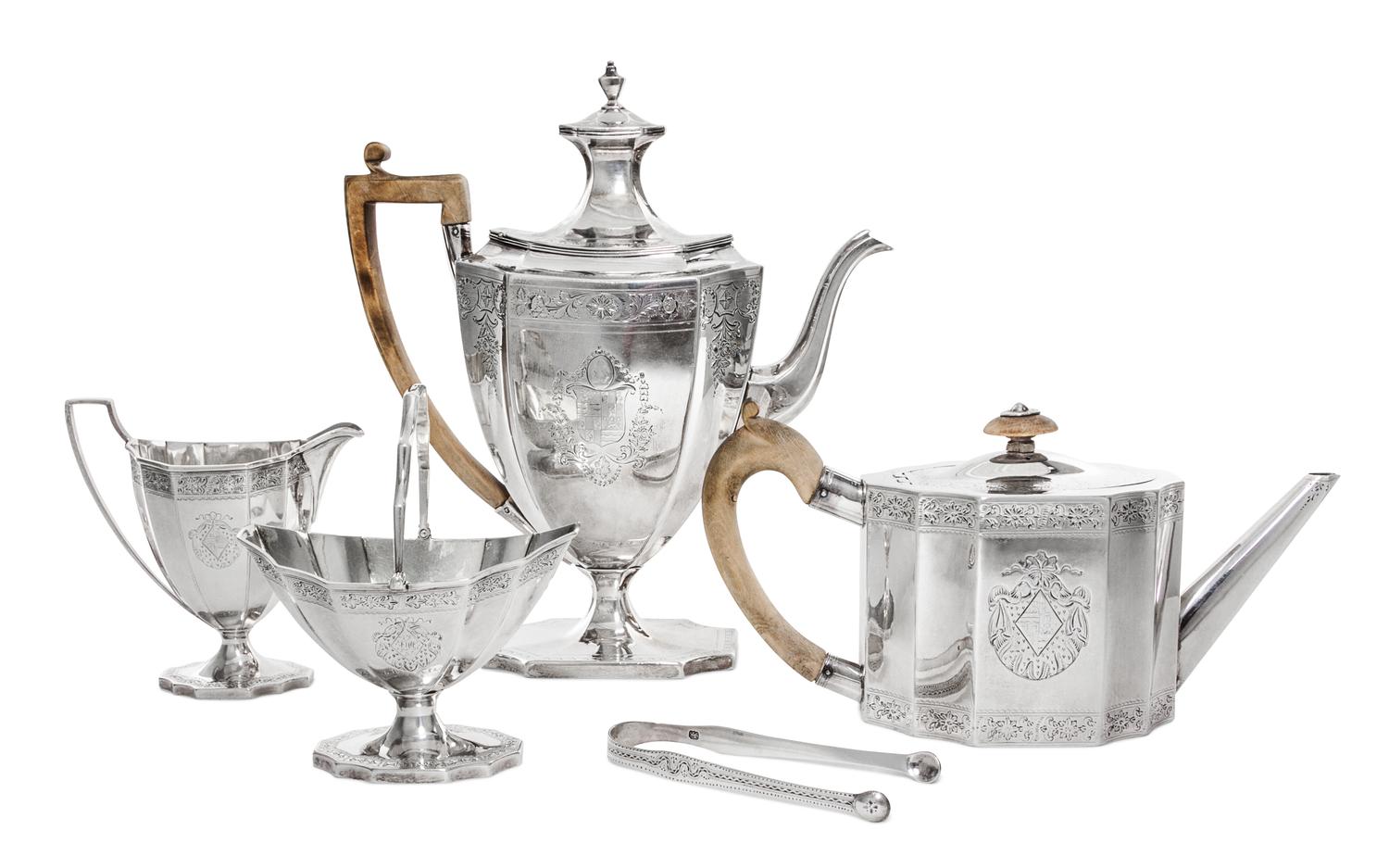 An Assembled George III Silver Tea and Coffee Service, John Robbins and John Denzilow, London, Late 18th Century, each of paneled case