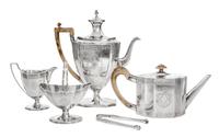 An Assembled George III Silver Tea and Coffee Service, John Robbins and John Denzilow, London, Late 18th Century, each of paneled case