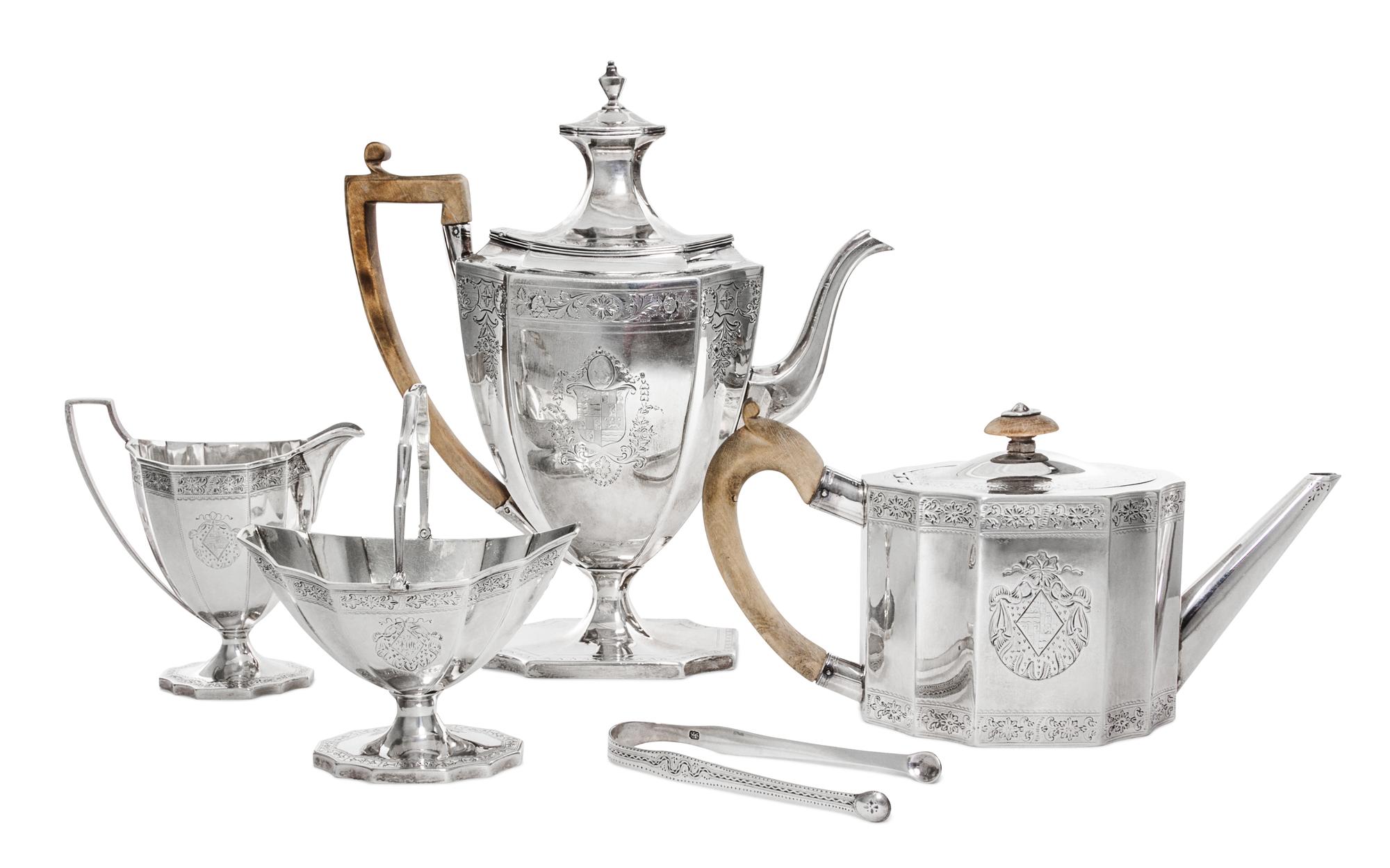 An Assembled George III Silver Tea and Coffee Service, John Robbins and John Denzilow, London, Late 18th Century, each of paneled case