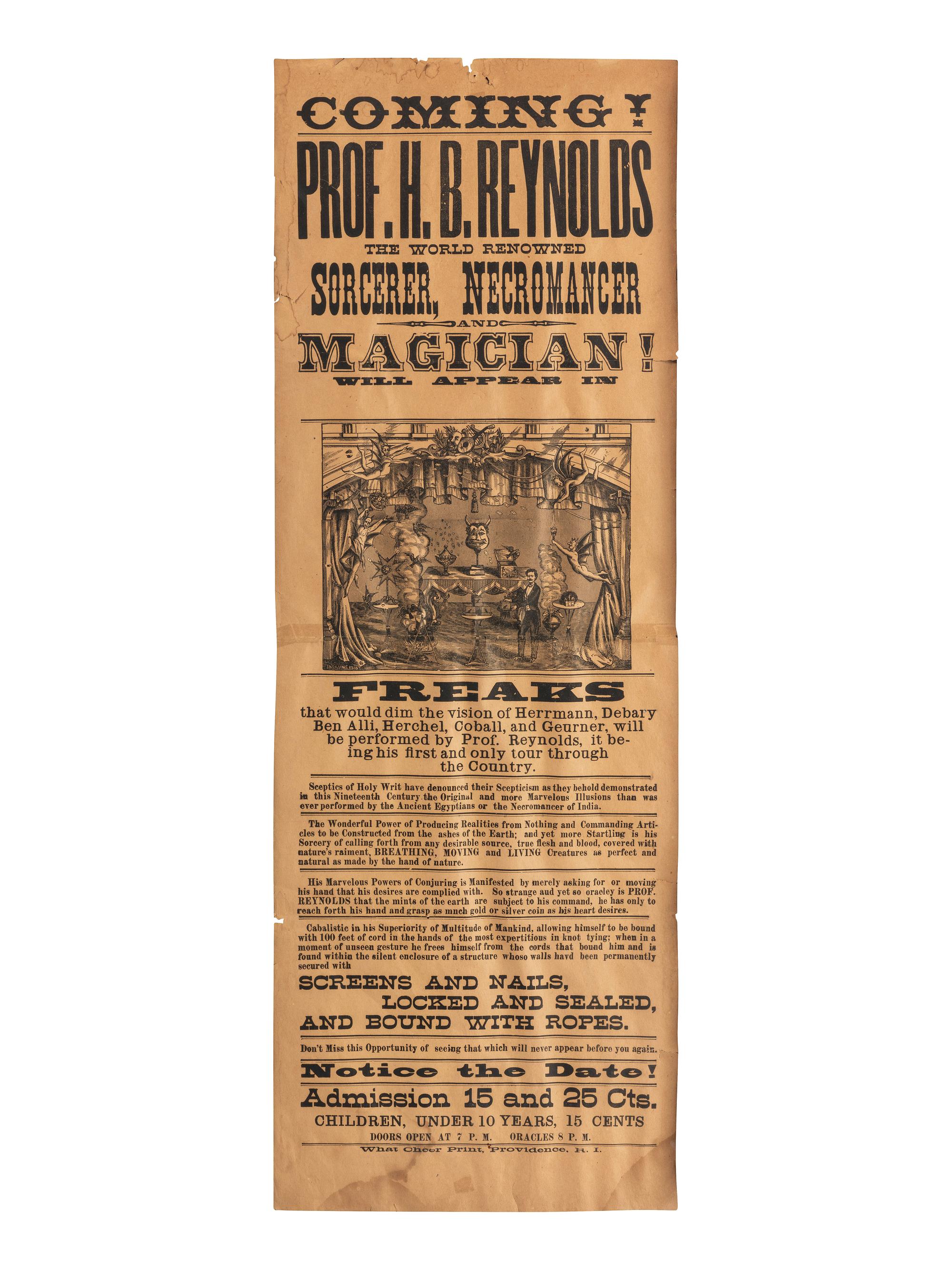 A Printed Broadside Promoting the Touring Performance of 'World Renowned Sorcerer, Necromancer, and Magician' Professor H.B. Reynolds