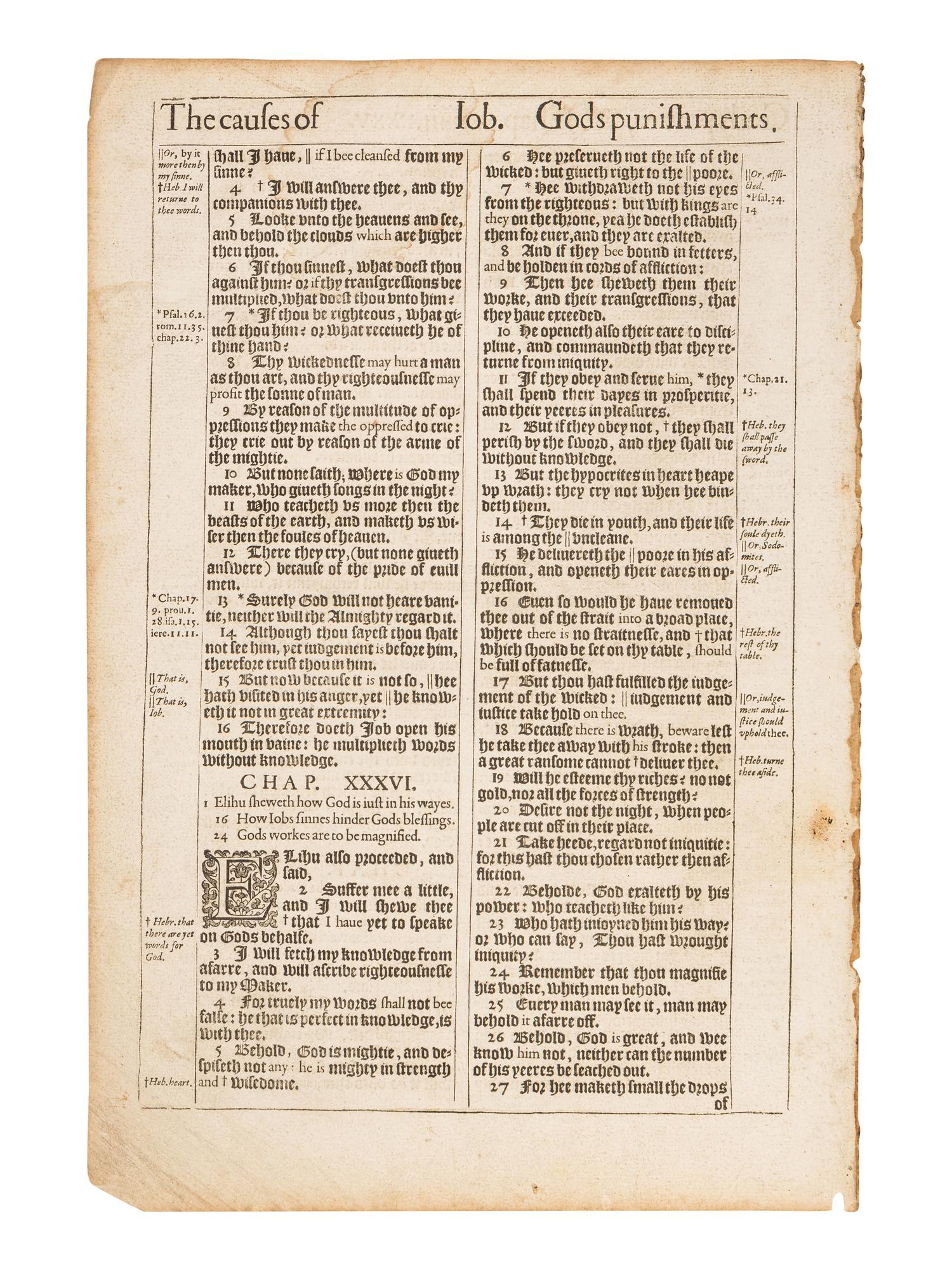 [LEAVES - BIBLE, in English]. Two consecutive leaves from The Holy Bible , King James' Pulpit version. [London: printed by Robert Barker,] 1611. FIRST EDITION.
