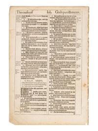 [LEAVES - BIBLE, in English]. Two consecutive leaves from The Holy Bible , King James' Pulpit version. [London: printed by Robert Barker,] 1611. FIRST EDITION.