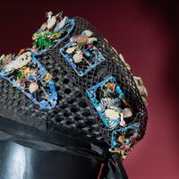 A Chinese Pearl, Jadeite, and Hardstone Ornamented Court Headdress, Dianzi, with Headband, Box, and Four Hairpins, 19th Century 清晚期 珠翠鈿子及遮眉勒一套