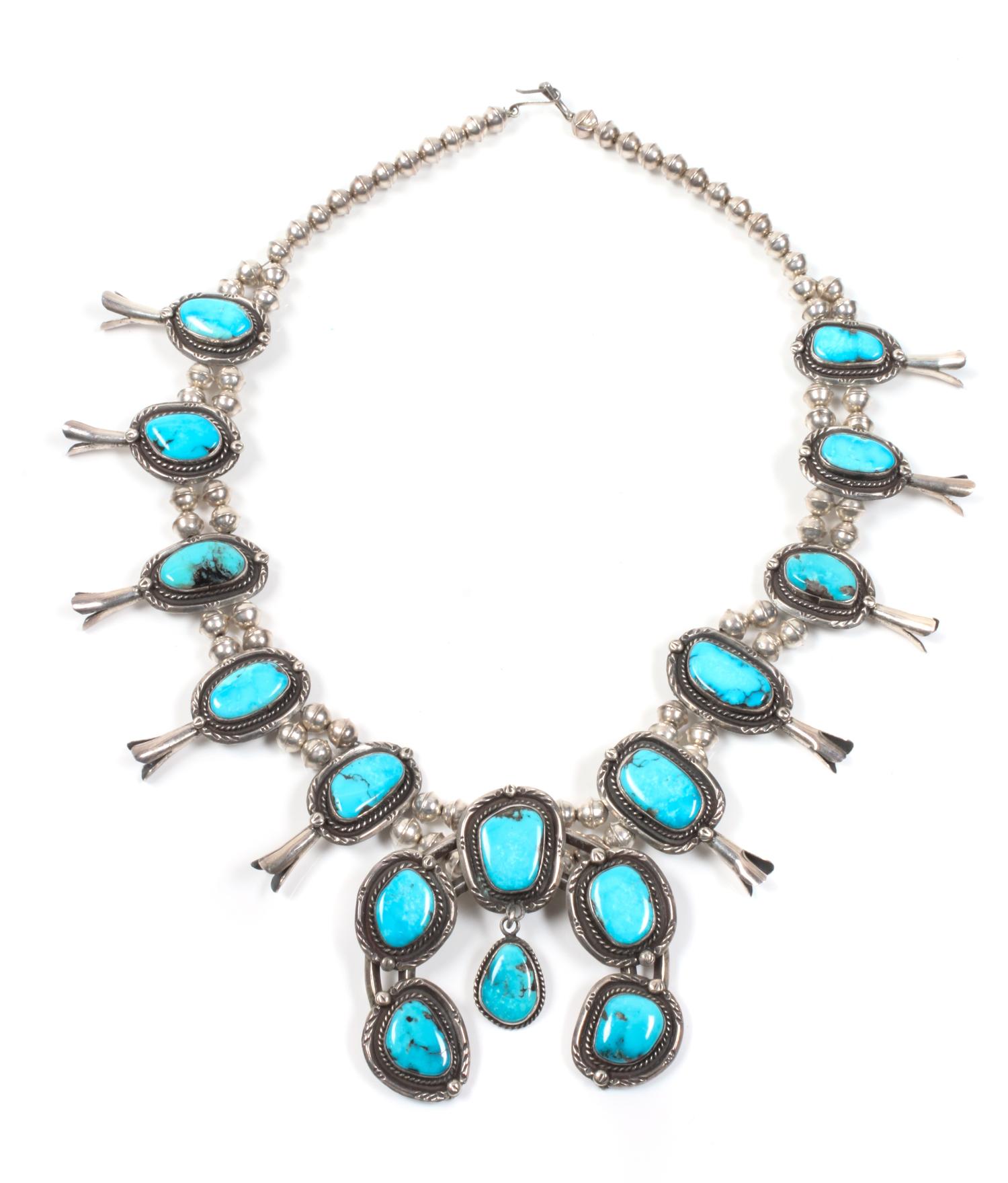 Southwestern Silver and Turquoise Squash Blossom Necklace Length 23 inches