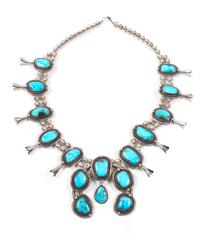 Southwestern Silver and Turquoise Squash Blossom Necklace Length 23 inches