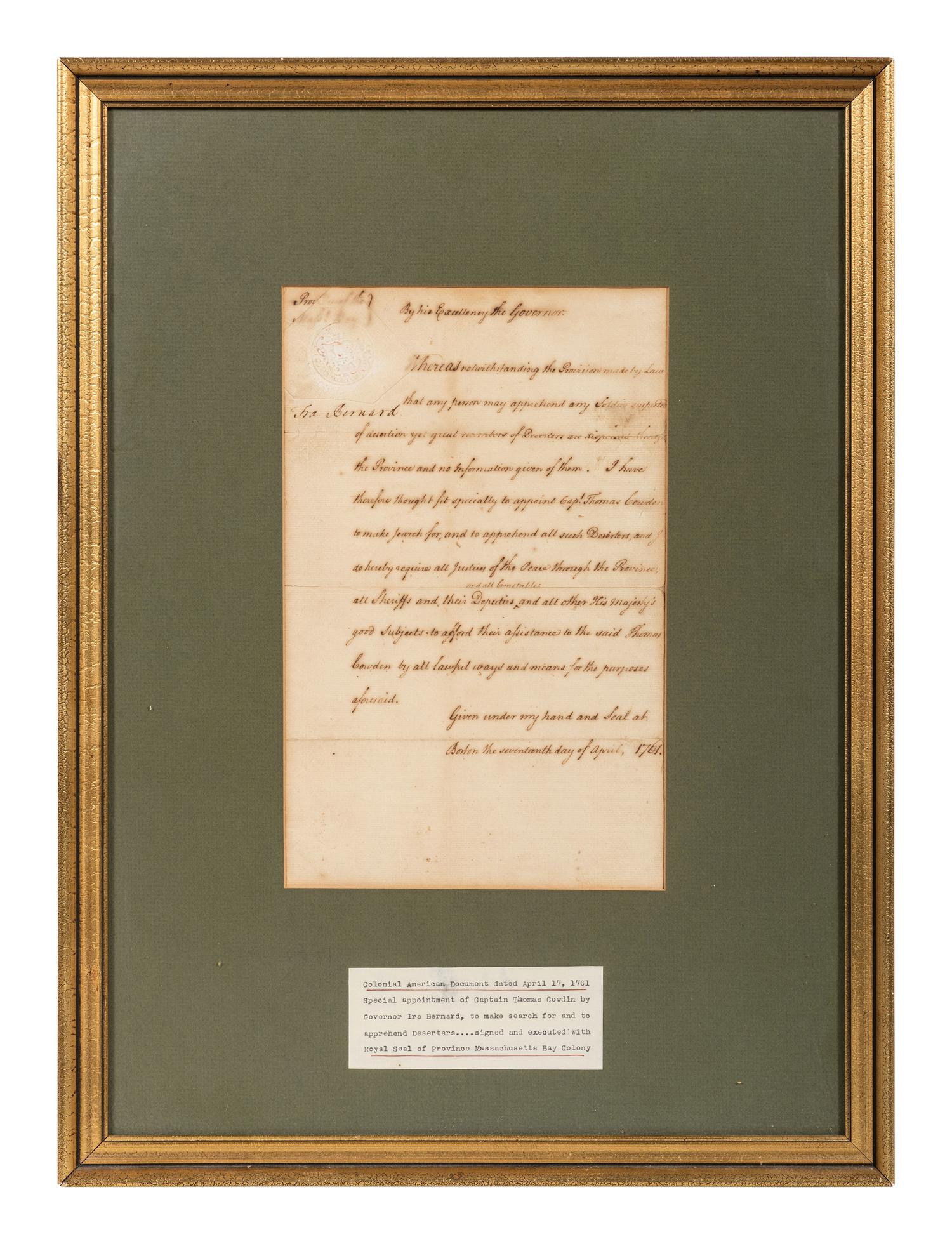 [FRENCH AND INDIAN WAR]. BERNARD, Francis (1712-1779). Document signed ("Fra. Bernard"), as Colonial Governor of Province of Massachusetts Bay, 17 April 1761.