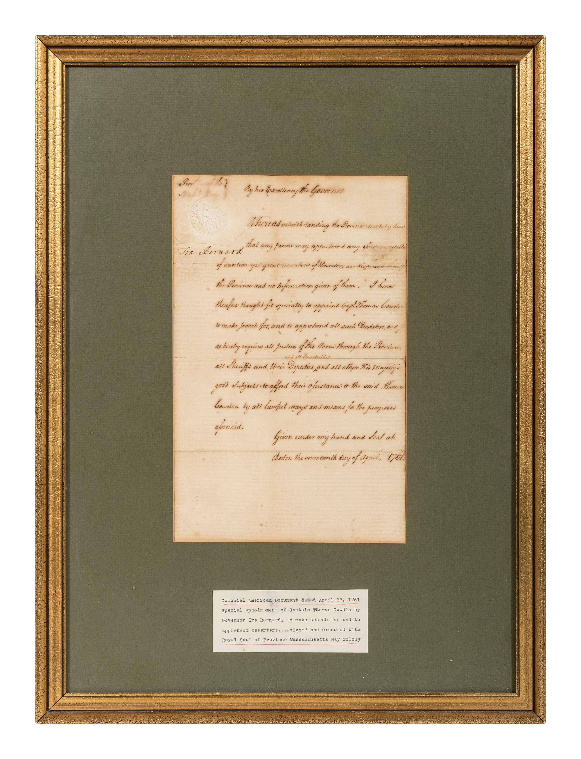 [FRENCH AND INDIAN WAR]. BERNARD, Francis (1712-1779). Document signed ("Fra. Bernard"), as Colonial Governor of Province of Massachusetts Bay, 17 April 1761.