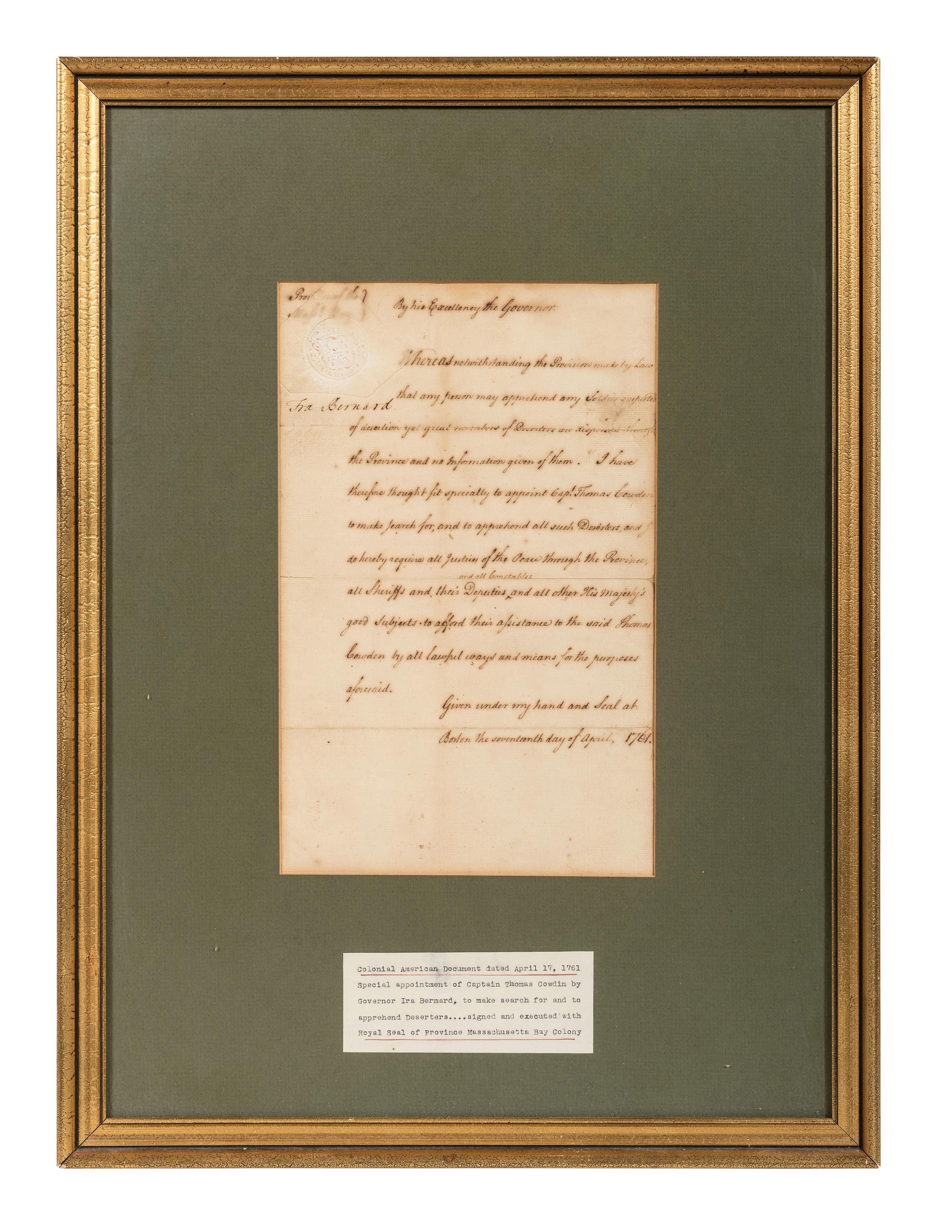 [FRENCH AND INDIAN WAR]. BERNARD, Francis (1712-1779). Document signed ("Fra. Bernard"), as Colonial Governor of Province of Massachusetts Bay, 17 April 1761.