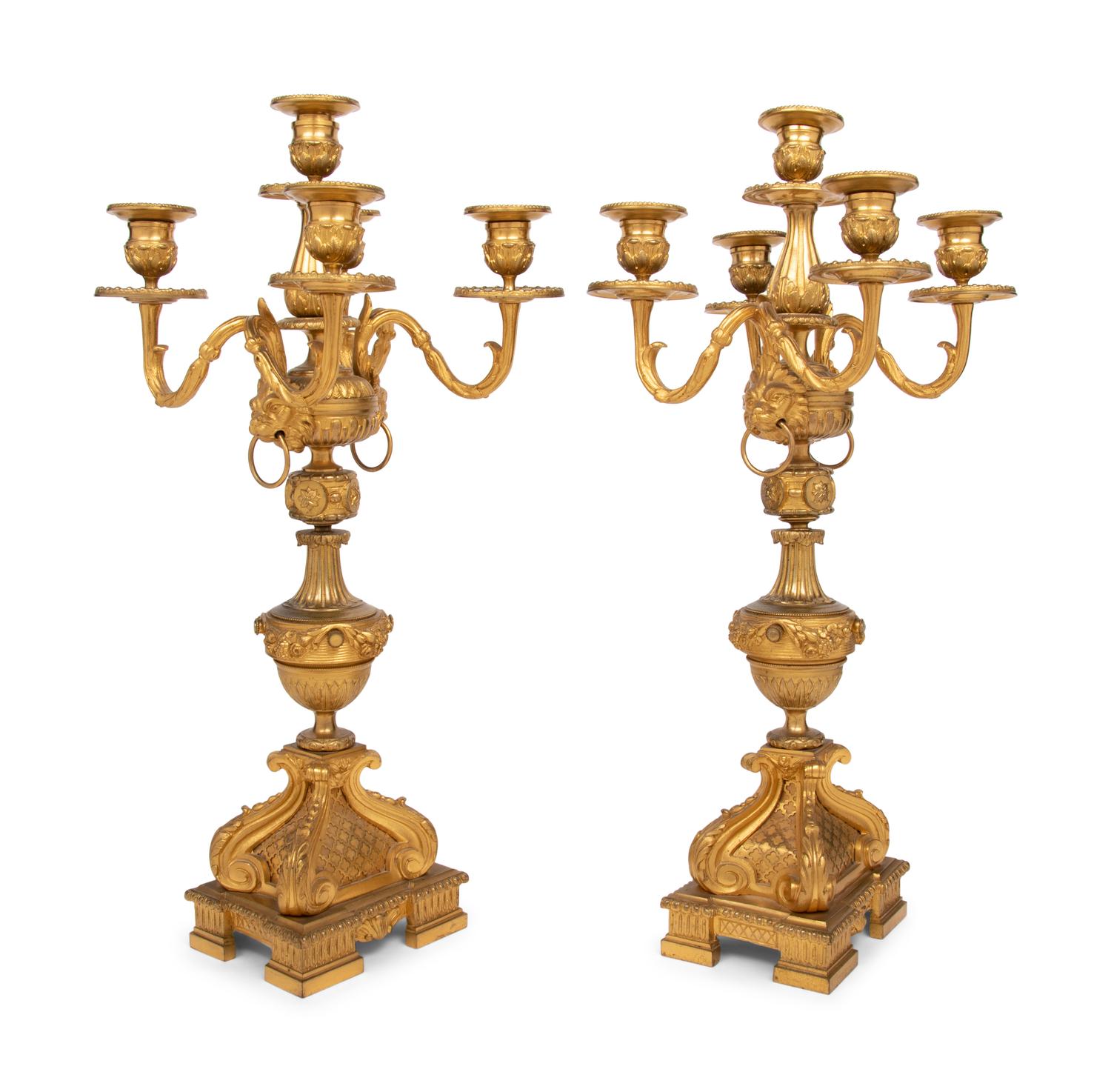 A Pair of Napoleon III Gilt Bronze Five-Light Candelabra