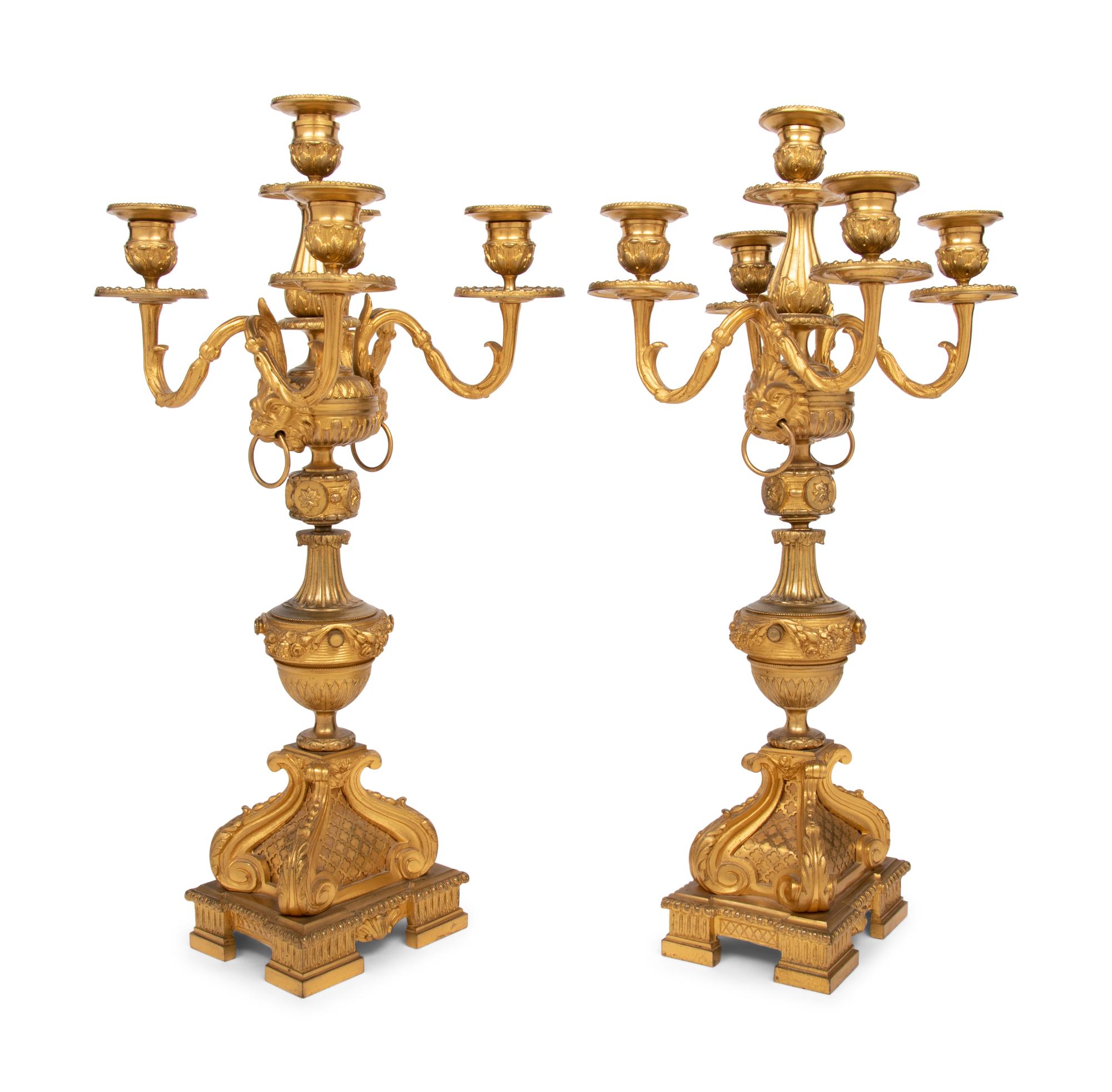 A Pair of Napoleon III Gilt Bronze Five-Light Candelabra