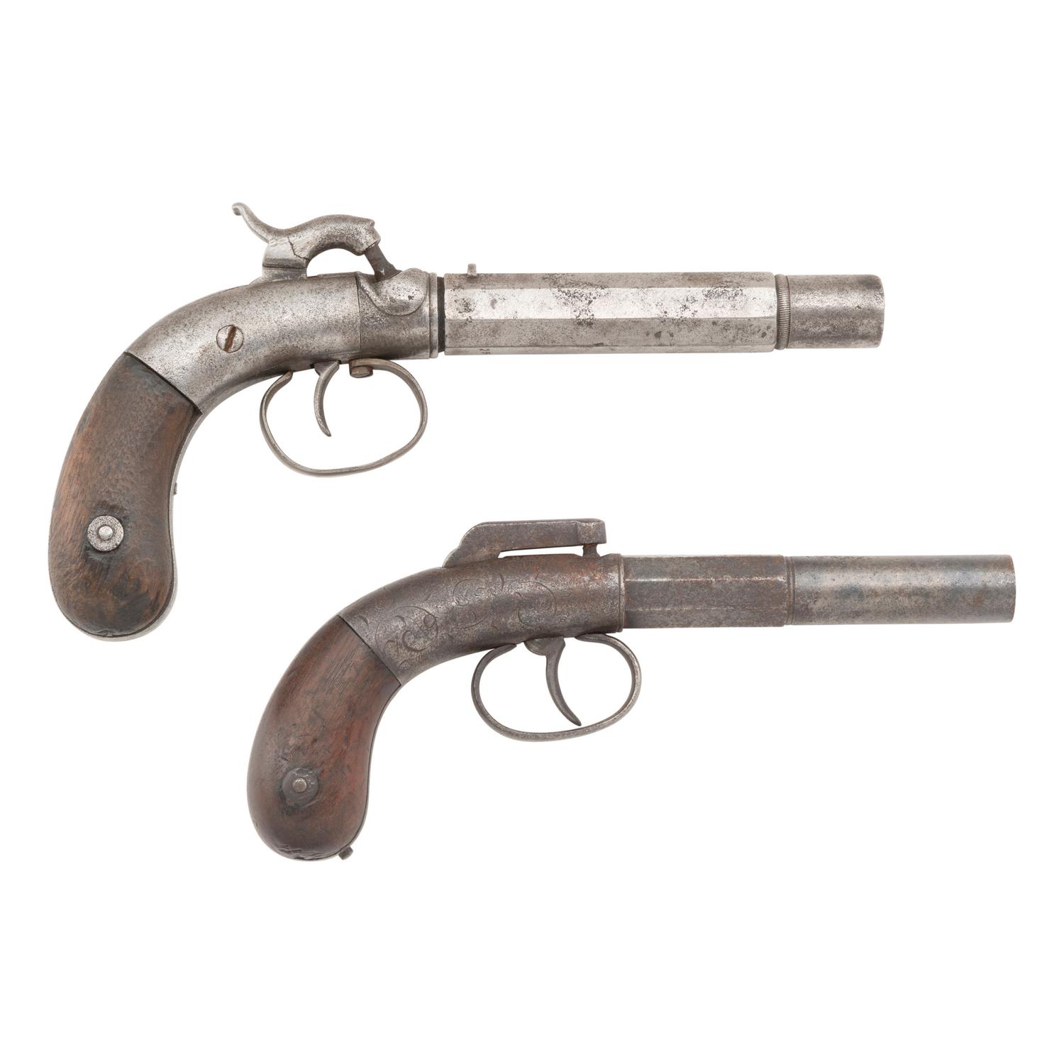 Two Single Shot Percussion Pistols: Bacon Bar Hammer & Stocking