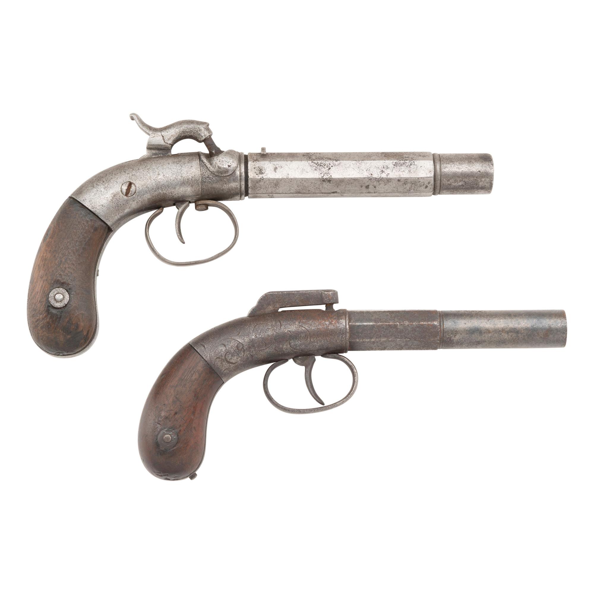 Two Single Shot Percussion Pistols: Bacon Bar Hammer & Stocking