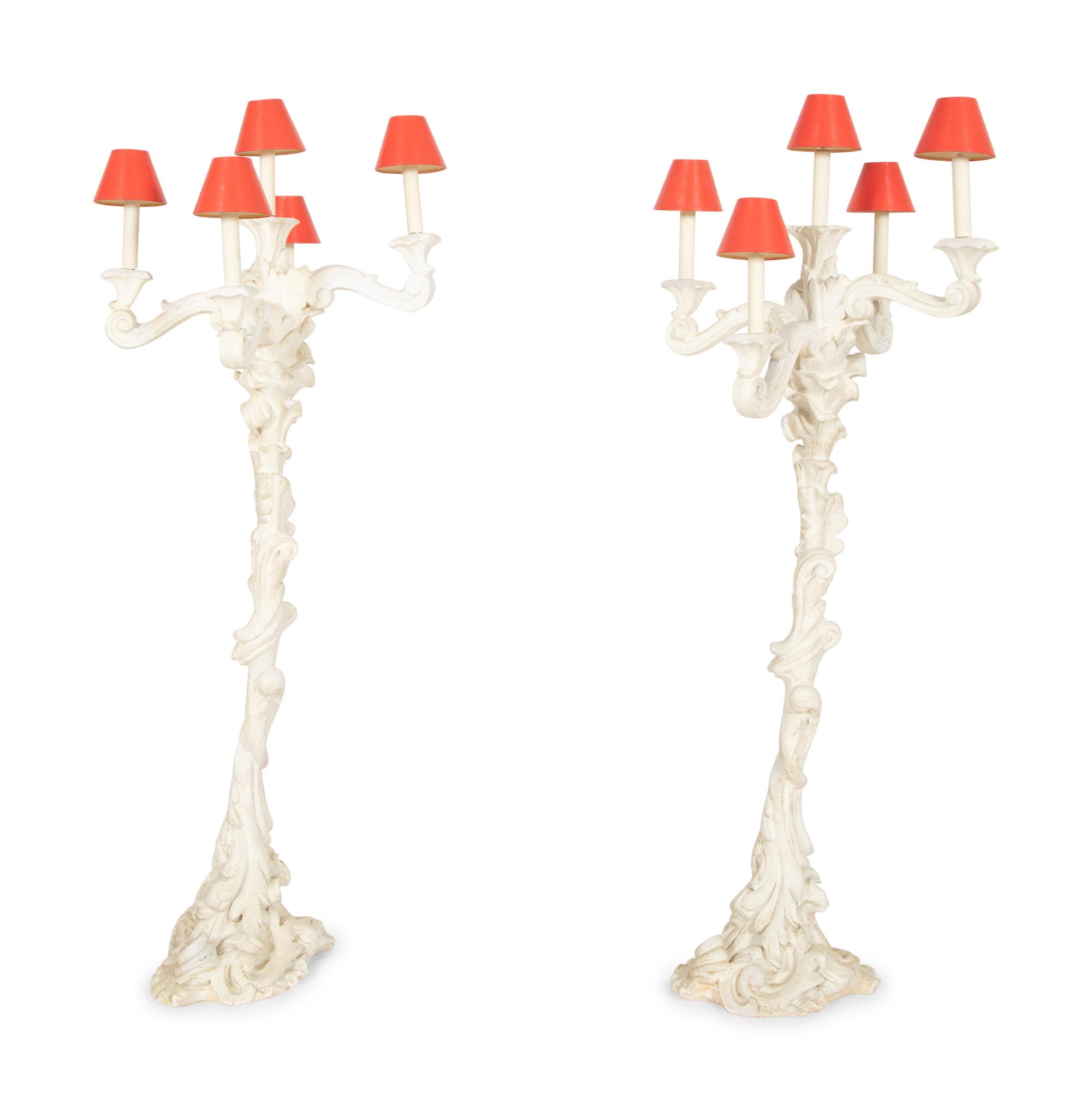 A Pair of Grotto Style White-Painted Composition Six-Light Torchères