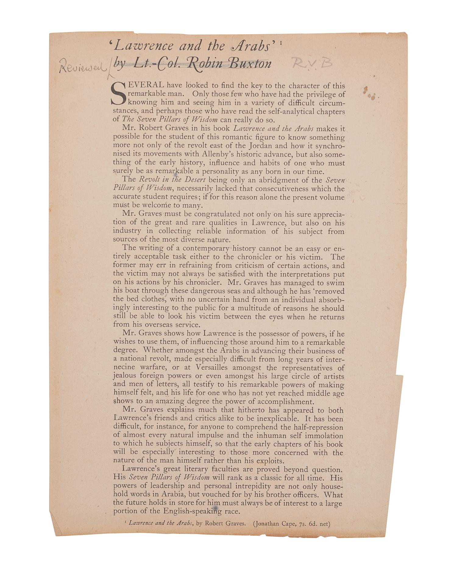 LAWRENCE, Thomas Edward (1888-1935). Seven Pillars of Wisdom, a triumph . [London: Privately Printed], 1926.