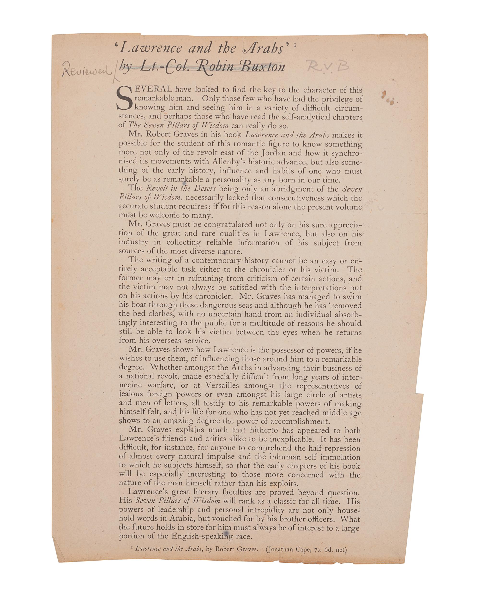 LAWRENCE, Thomas Edward (1888-1935). Seven Pillars of Wisdom, a triumph . [London: Privately Printed], 1926.