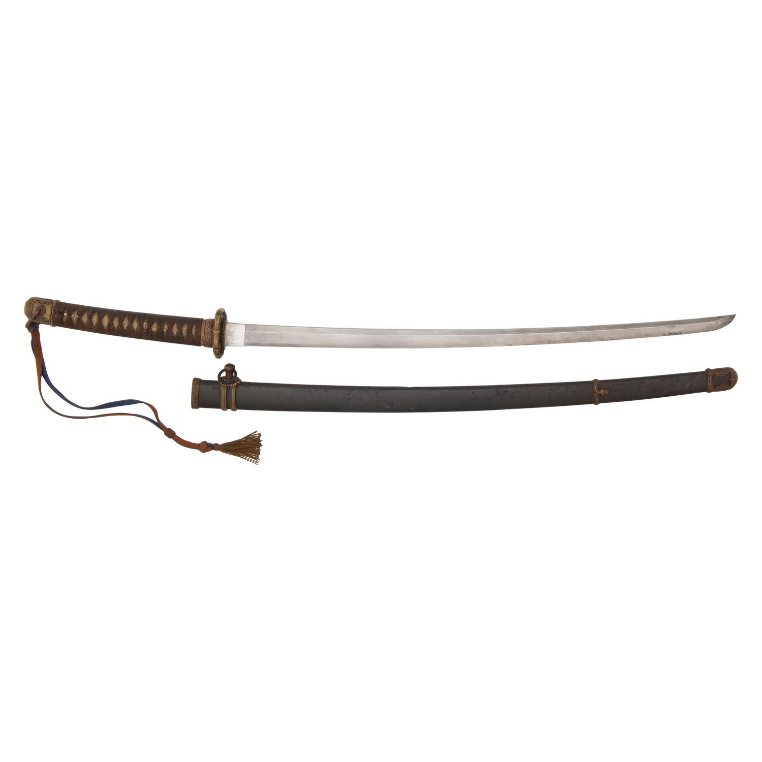 Signed WWII Japanese Shin Gunto with Edo-Period Blade, Family Mon, and Company Officer's Sageo