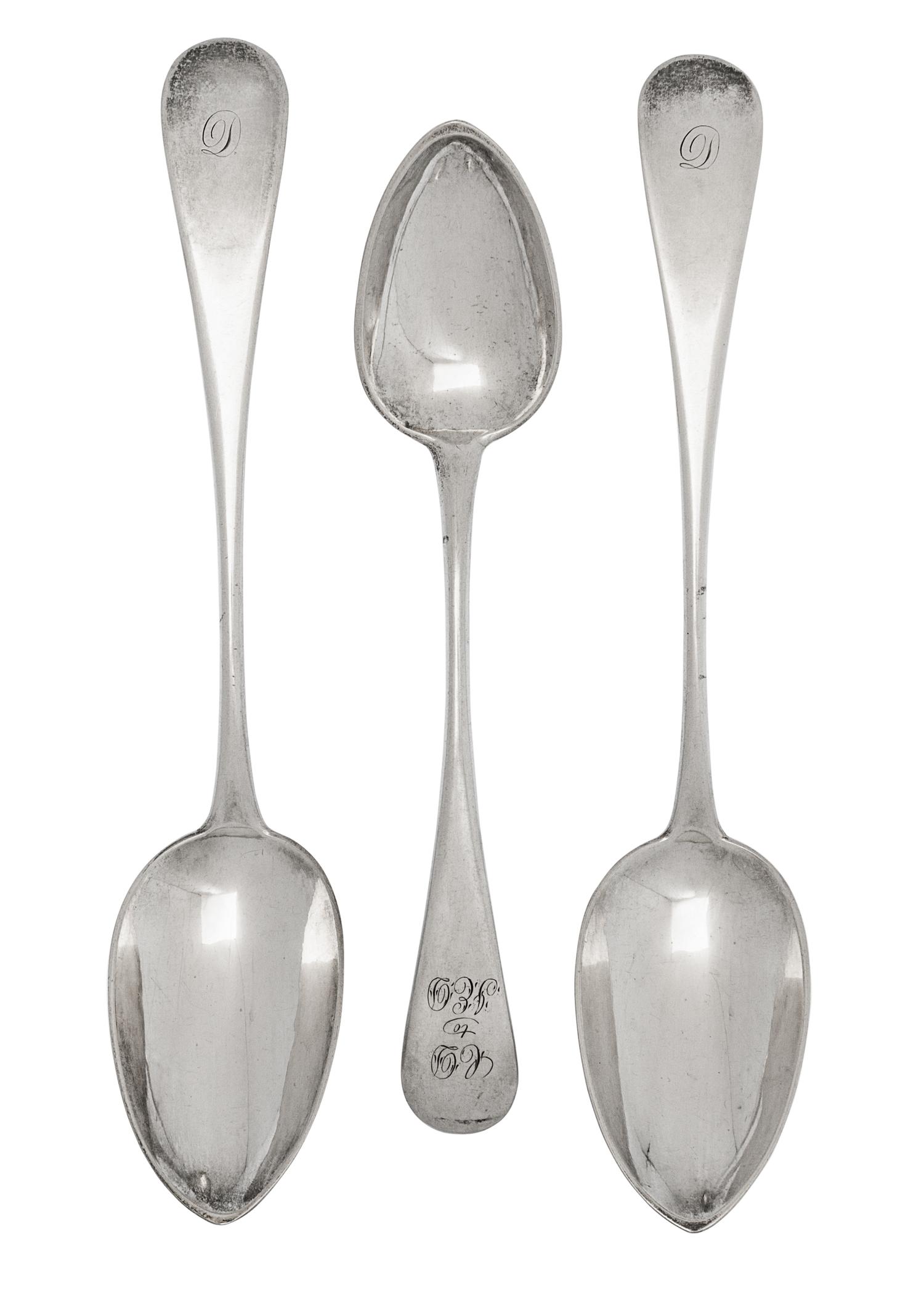 Three American Silver Tablespoons, Obadiah Rich, Boston, Mid-19th Century, comprising a pair of large tablespoons and a smaller tablesp
