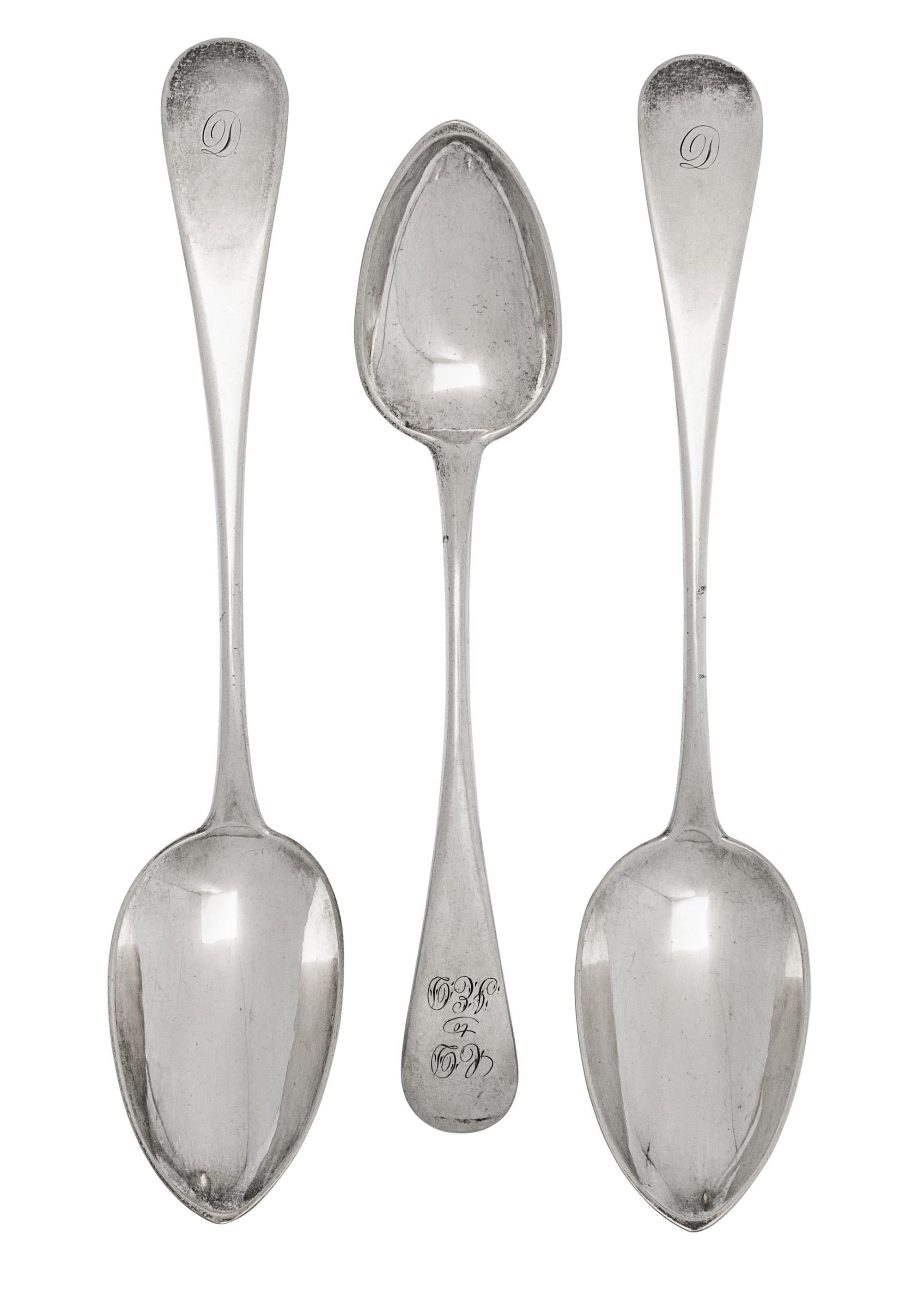 Three American Silver Tablespoons, Obadiah Rich, Boston, Mid-19th Century, comprising a pair of large tablespoons and a smaller tablesp