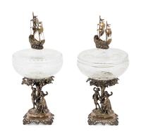 A Pair of Continental Silver Mounted Cut Glass Vessels