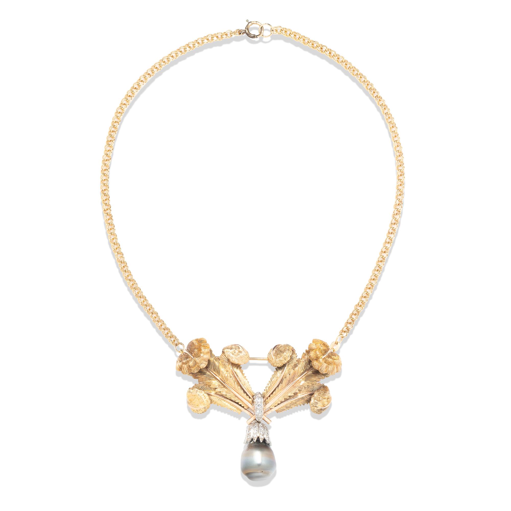 CONVERTIBLE ROSE GOLD, DIAMOND, AND GREY CULTURED PEARL PENDANT BROOCH NECKLACE