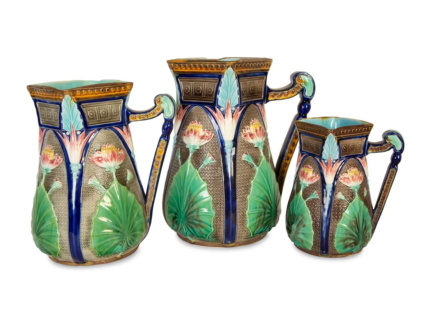 A Set of Three English Copeland Majolica Lotus Jugs — Last-Quarter 19th Century