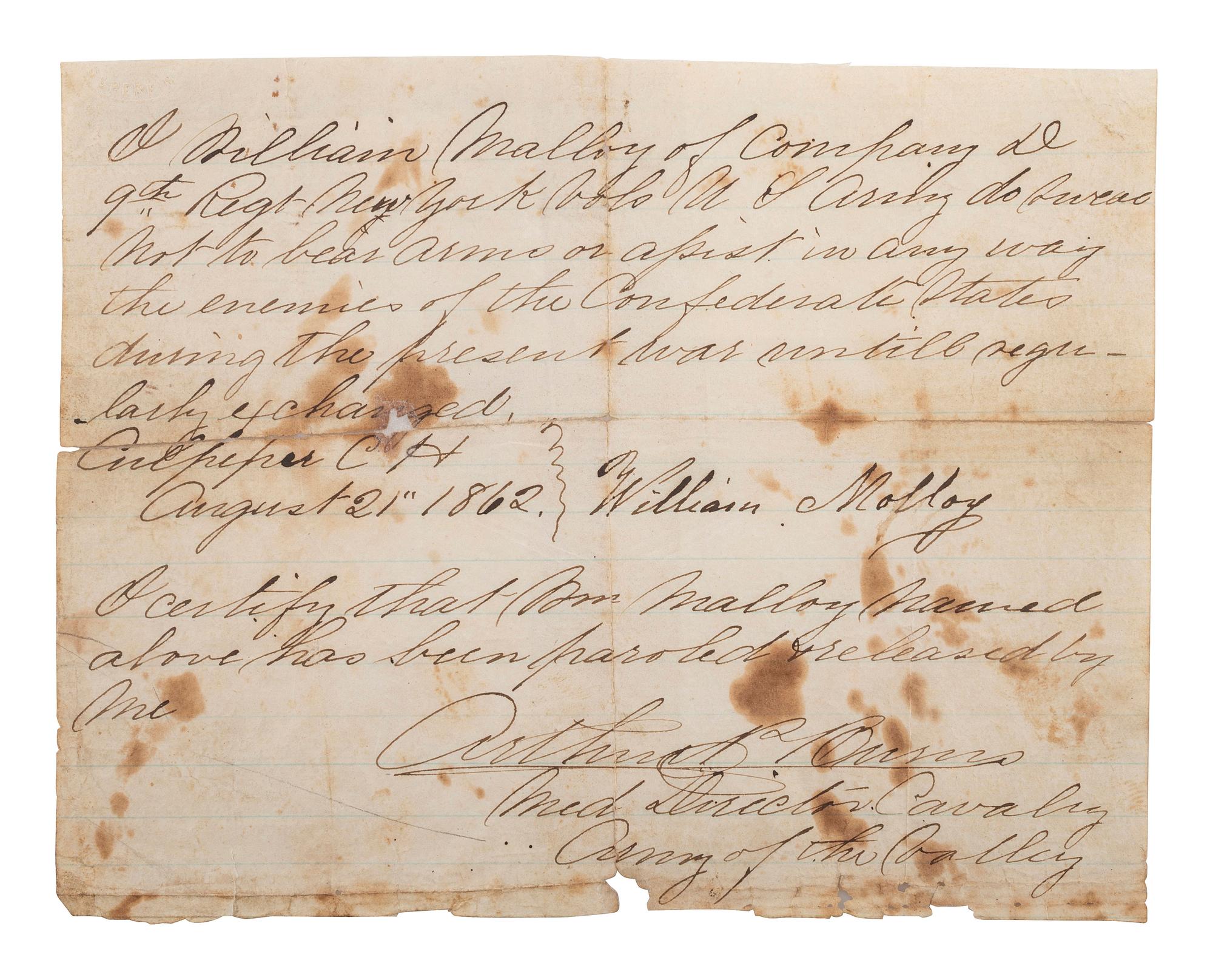 [CIVIL WAR]. Virginia war-date documents and covers incl. Confederate parole from Ashby's Cavalry.